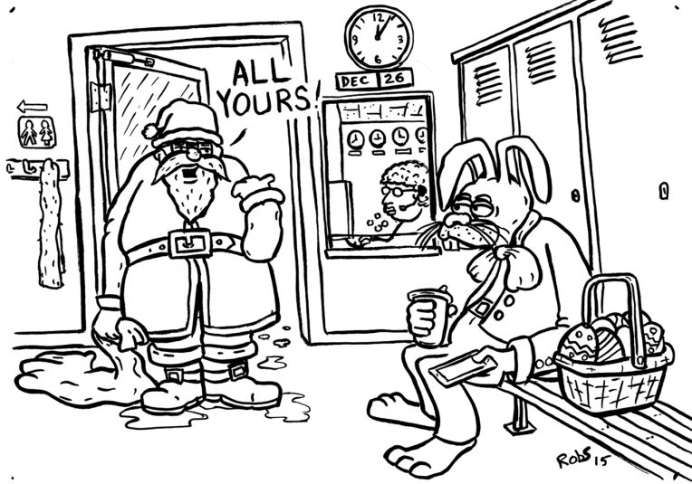 Santa Clause has returned to the depot and hands over to the next season of festivity to the Easter Rabbit