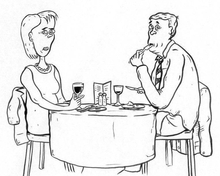 two people dining and bored with each other.