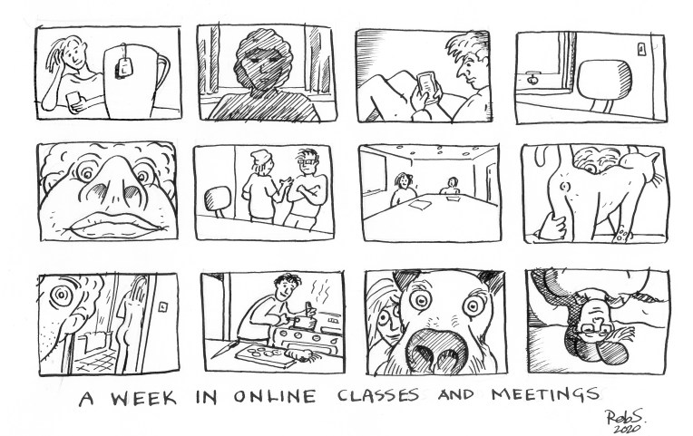 Various frames representing the images you might see in an online meeting such as teams or zoom. People are in different poses.