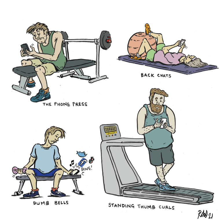 A variety of phone addicts at the gym exercising their thumbs.
