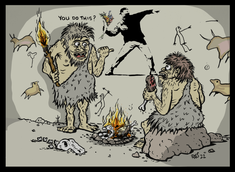 A caveman finds a Banksy graffiti art in the cave and asks another caveman if he did that.