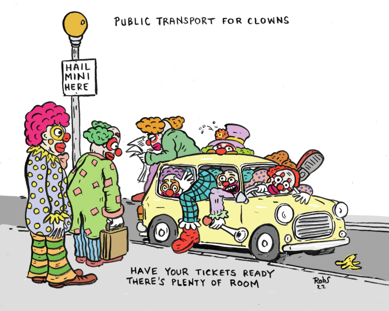 Clowns are at a bus stop when a mini minor car pulls up crammed full with other clowns. Iyt's titled Public Transport for clowns, and the driver asks them to have their tickets ready.