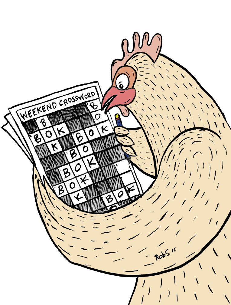 A chicken doing a crossword and all the words are bok bok bok