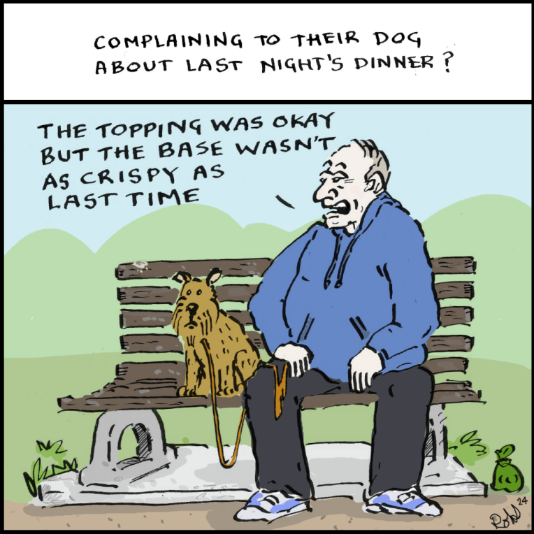 A man on a park bench with his dog. He is on the phone talking about last night's pizza, but it looks like he is talking to his dog about the pizza.