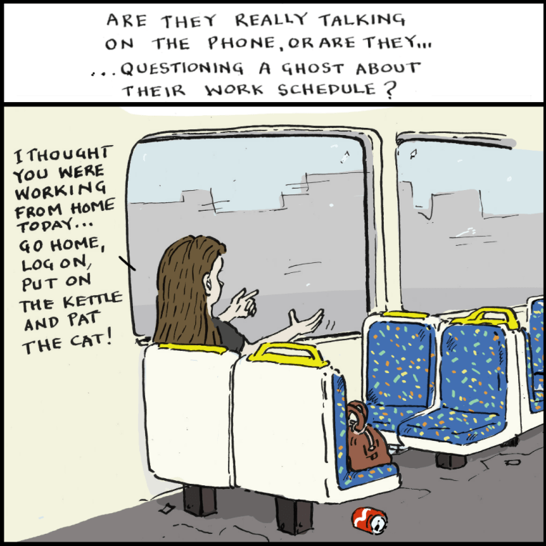 a person on the train talking into her phone, but it looks like she's having a conversation with an invisible person.