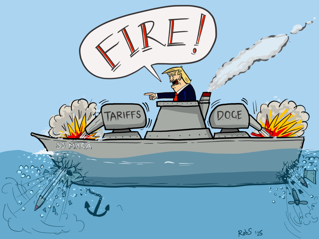 President Trump is on his ship and fires two cannons. One cannon has tariff written on it and the other has doge. The cannons are pointing to the ships deck. President Trump yells "Fire" and the cannons blast two holes through the bottom of the boat.