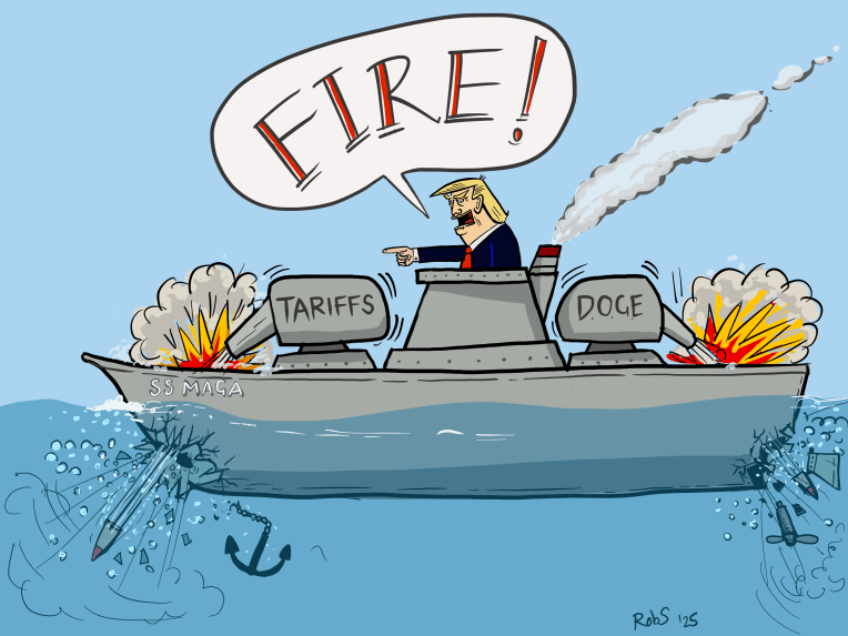 Trump rides a battleship firing his cannons at both ends of the ship. One cannon is named DOGE and the other is called tariffs The cannons are pointed down and blast two holes into the bottom of the ship.