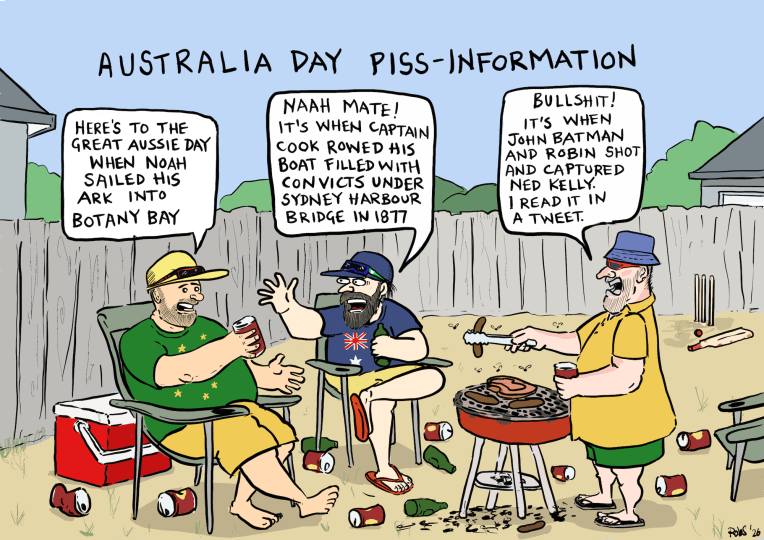 A barbecue with three guys getting confused about Australian History on Australia Day because they have drunk too much booze.